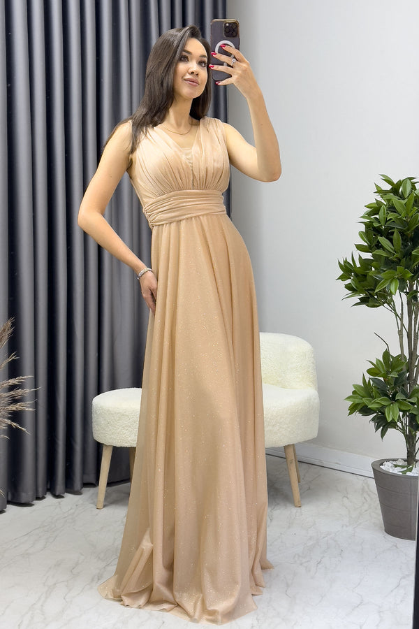 Gold Zero Sleeve Transparent Detail Evening Dress