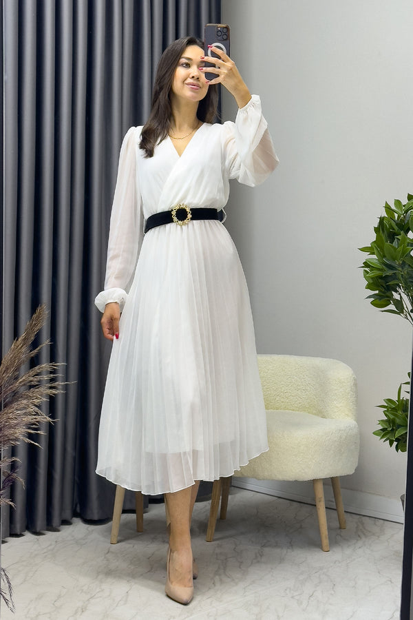 Kadın Beyaz Piliseli Midi Kemerli Şifon Elbise