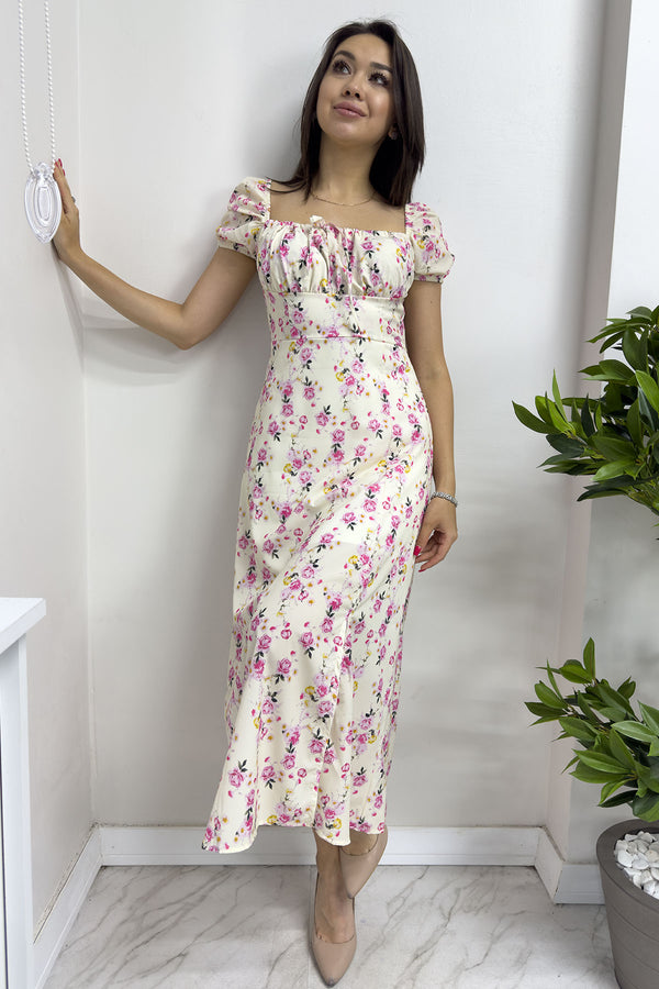 Women's Cream Collar Lace-Up Floral Short Sleeve Dress 