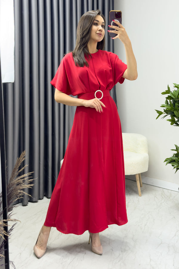 Kadın Kırmızı Önü Pileli Yarasa Kol Kemerli Midi Elbise