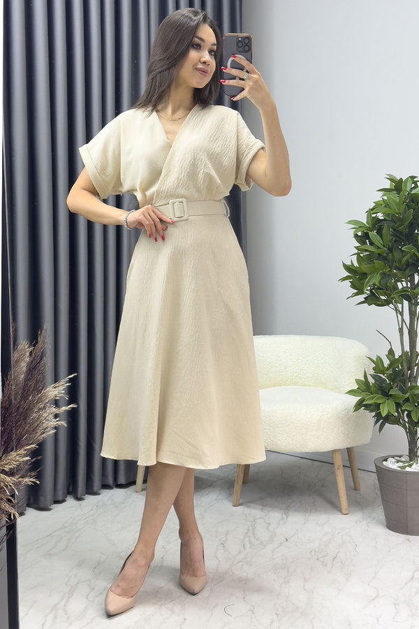 Women's Cream Linen Belted Midi Pocket Dress 