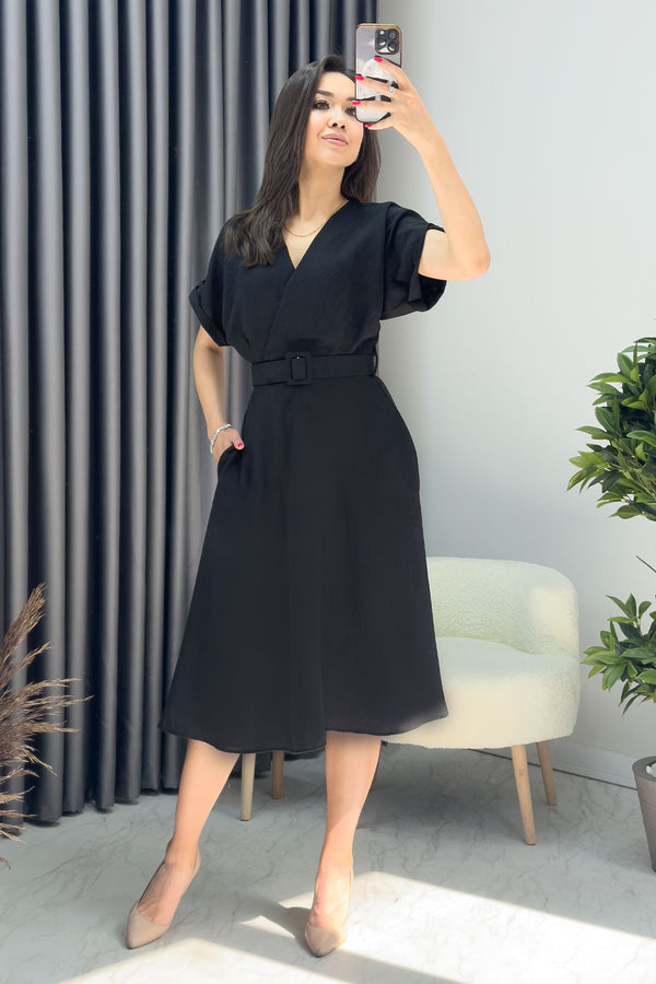 Women's Black Linen Belted Midi Pocket Dress 