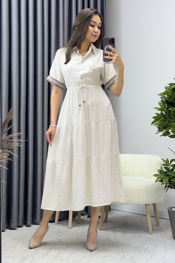 Women's Ethnic Pattern Detail Short Sleeve Cream Linen Dress 