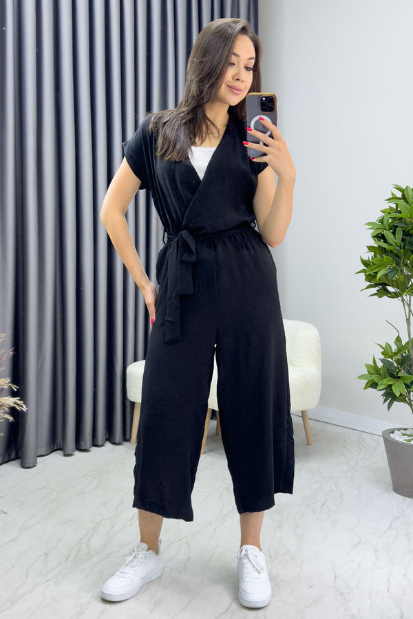 Black Double Breasted Collar Belted Short Sleeve Jumpsuit