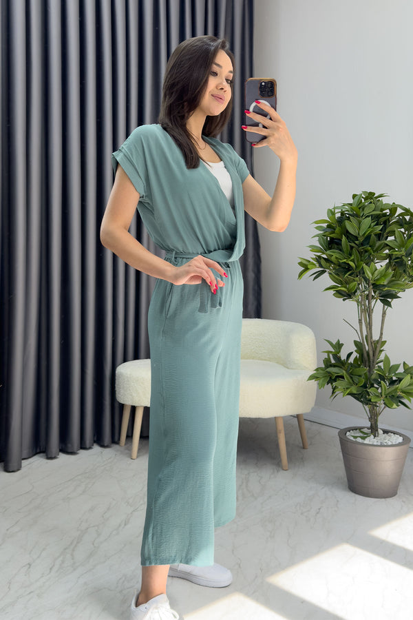 Aqua Green Double Breasted Collar Belted Short Sleeve Jumpsuit