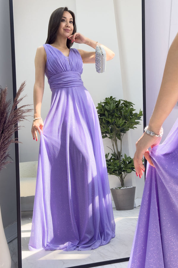 Lilac Zero Sleeve Transparent Detail Evening Dress