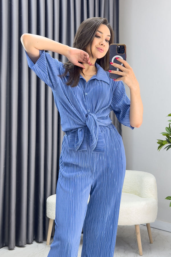 Blue Crinkle Short Sleeve Shirt and Trousers Double Set