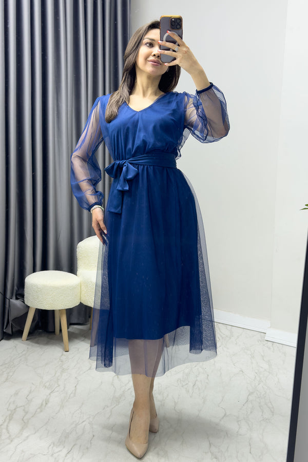 Blue V-Neck Tulle Flared Plus Size Dress