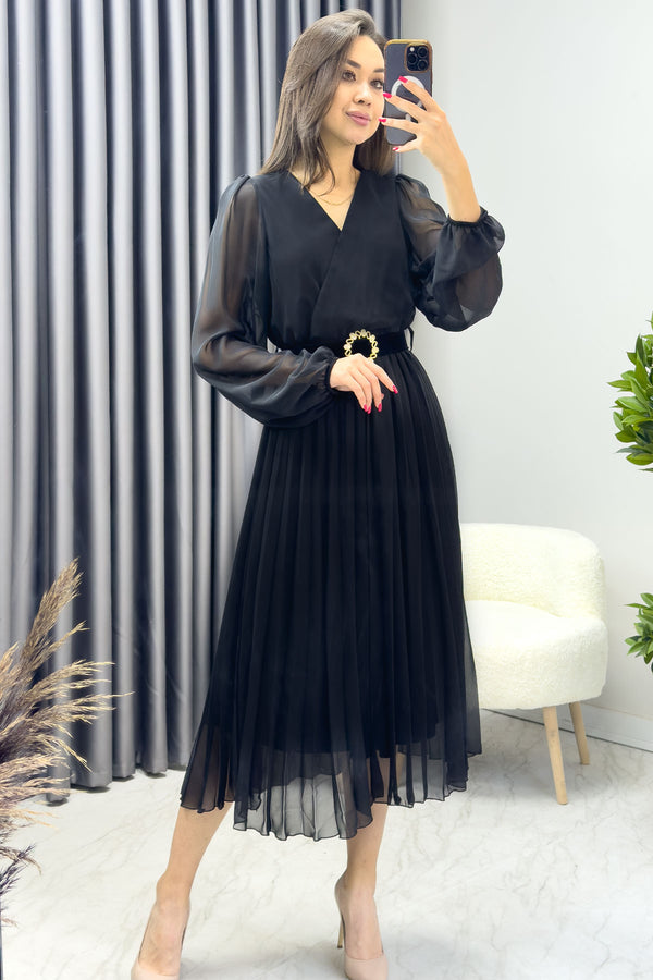Kadın Siyah Piliseli Midi Kemerli Şifon Elbise
