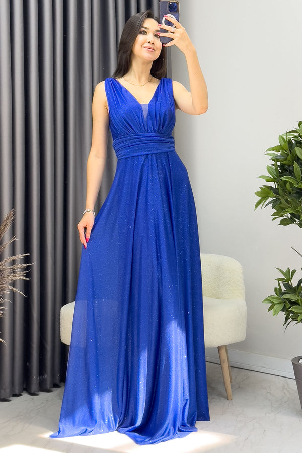 Saks Blue Zero Sleeve Transparent Detail Evening Dress