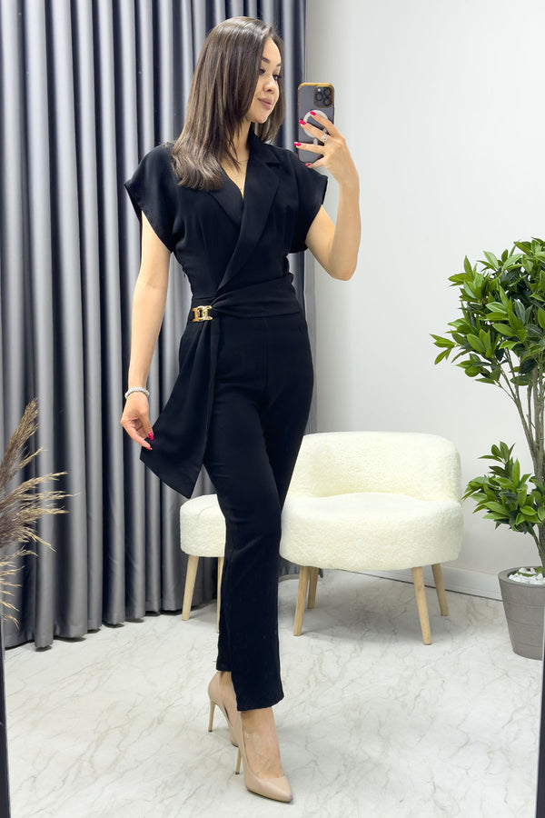 Women's Black Double Breasted Jumpsuit with Gold Detail 