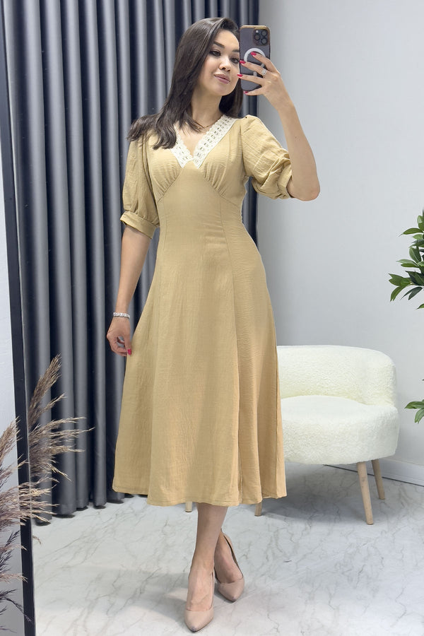 Women's Mustard Short Sleeve Midi Guipure Collar Linen Dress 