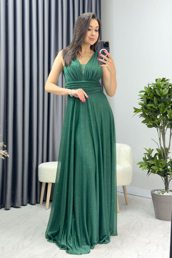 Emerald Green Zero Sleeve Transparent Detail Evening Dress