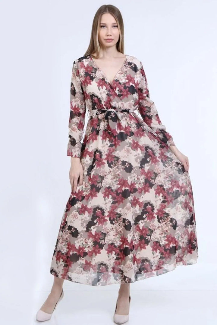 Kadın Çiçekli Kruvaze Yaka Şifon Elbise - Elbise Delisi