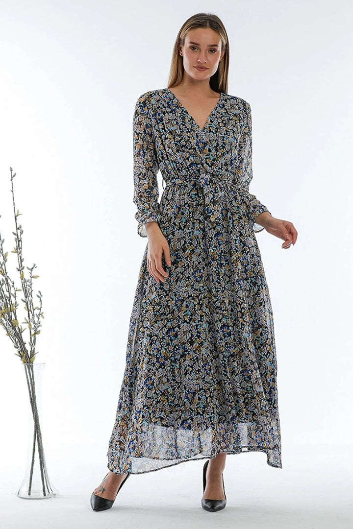 Kadın Çiçekli Kruvaze Yaka Şifon Elbise - Elbise Delisi