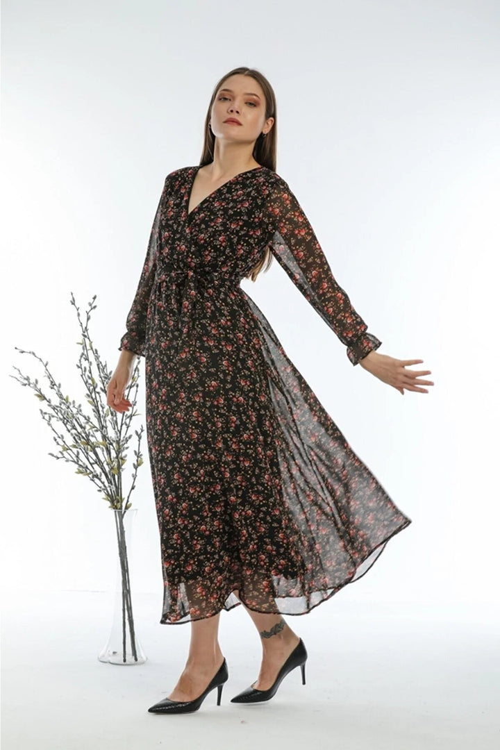 Kadın Mini Çiçekli Kruvaze Yaka Şifon Elbise - Elbise Delisi