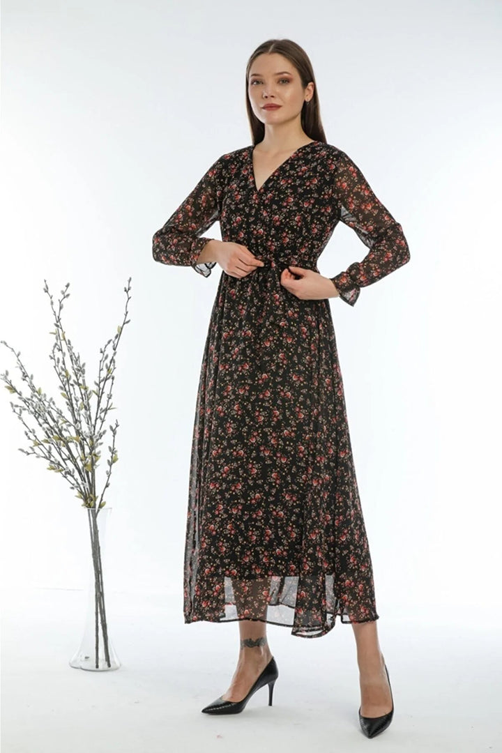 Kadın Mini Çiçekli Kruvaze Yaka Şifon Elbise - Elbise Delisi